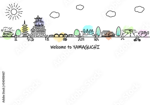 手書きの山口県の街並みと人々のシンプル線画