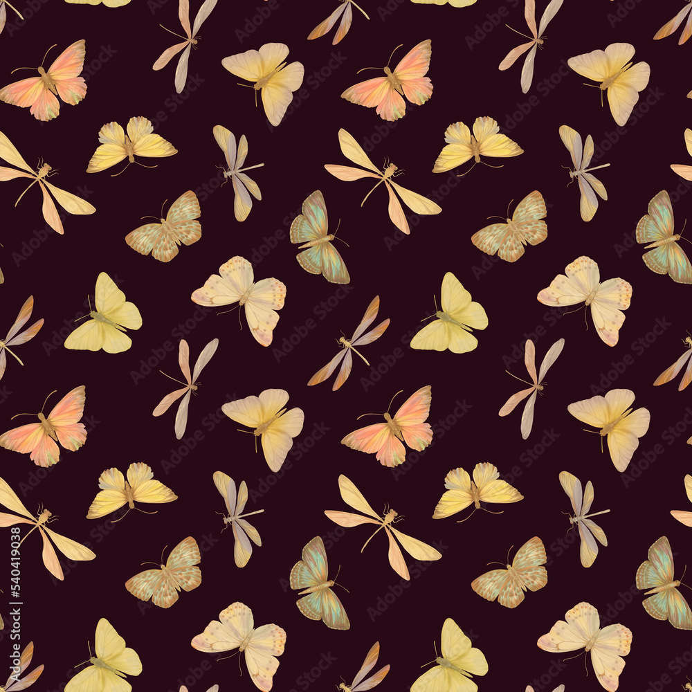 Seamless pattern of butterflies and dragonflies. Botanical abstract ornament for design.