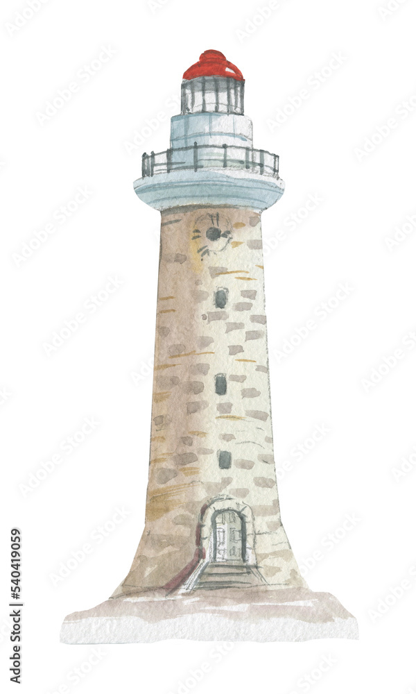 Watercolor drawing of a lighthouse isolated on a white background.
