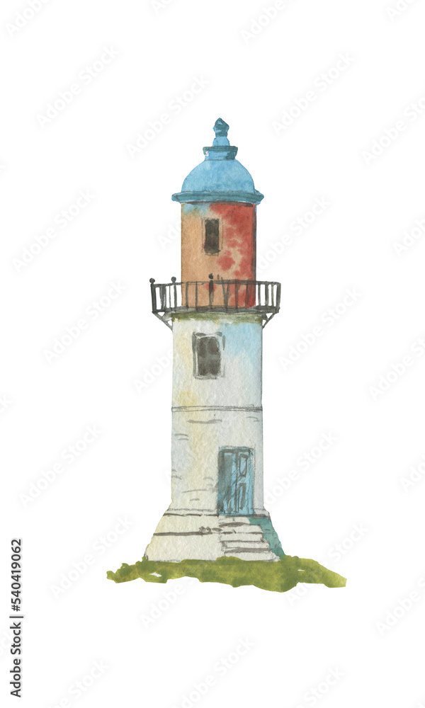 Watercolor drawing of a lighthouse isolated on a white background. Watercolor drawing of a lighthouse isolated on a white background.