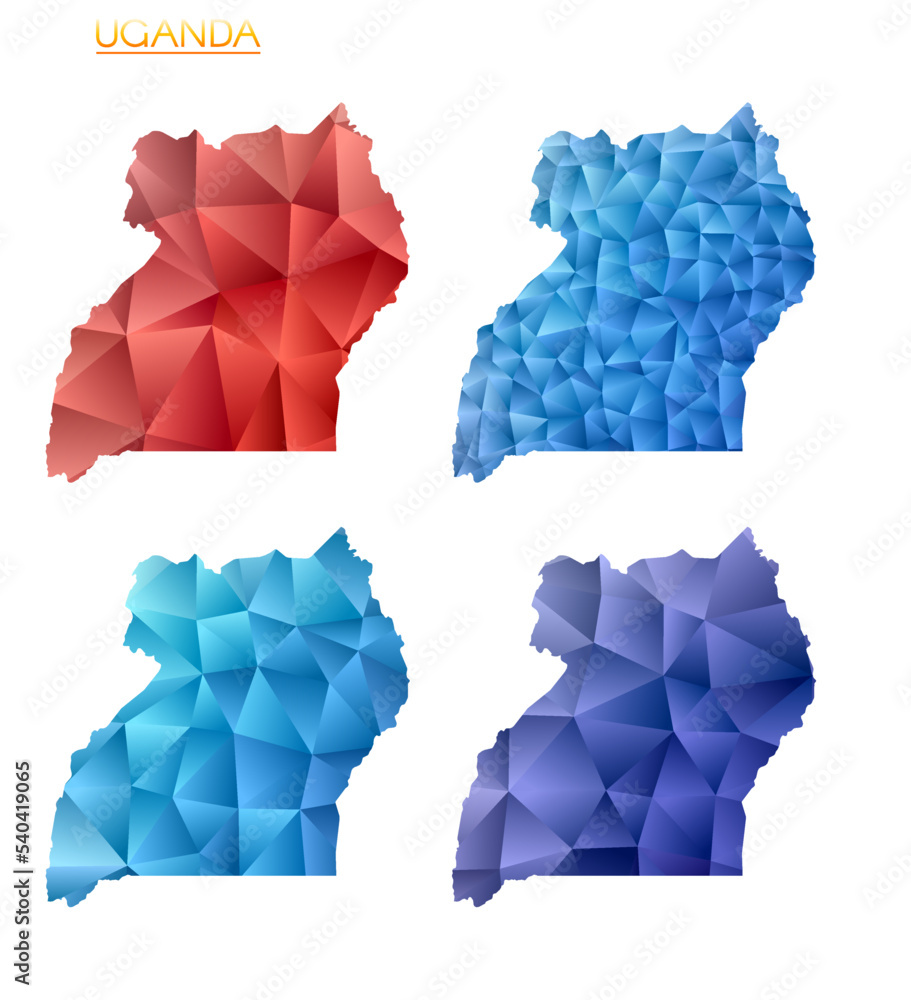 Set of vector polygonal maps of Uganda. Bright gradient map of country in low poly style. Multicolored Uganda map in geometric style for your infographics. Neat vector illustration.