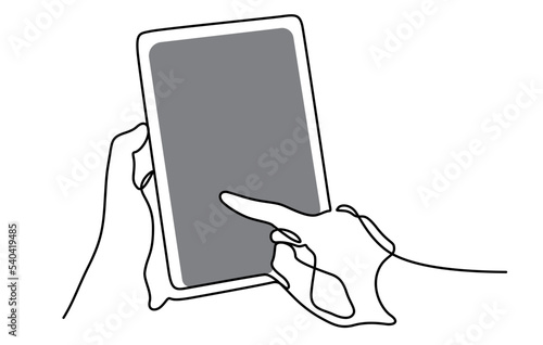 people using tablet and click on touch screen for searching on website or application. Contininuous line drawing with blank for insert a photo