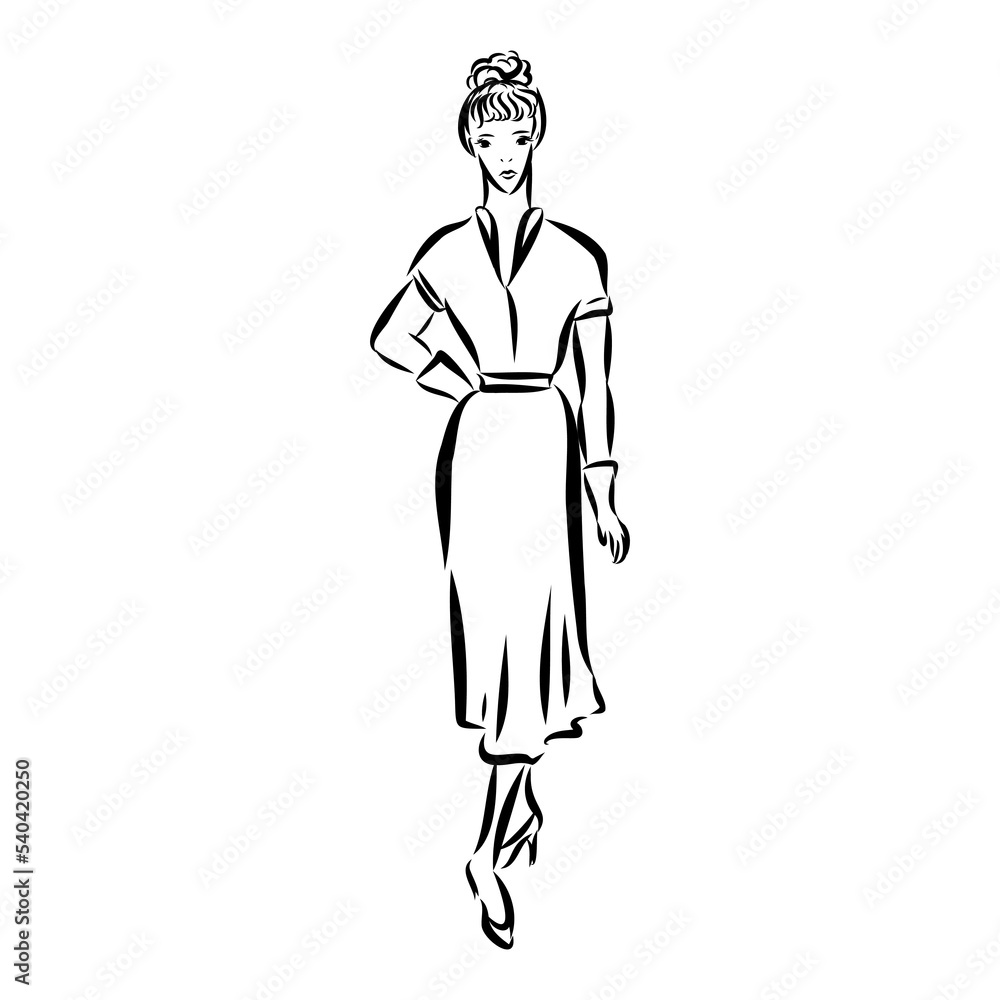 Black and white fashion woman, redhead model with boutique logo background. Hand drawn vector illustration