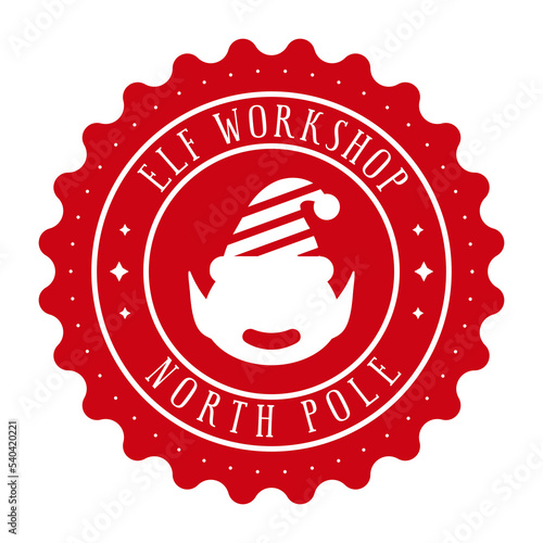 Elf workshop - North Pole. Xmas stamp design with cute Elf. Christmas decorative element for handmade gifts such as letters, gift bags. Vector illustration on white background.