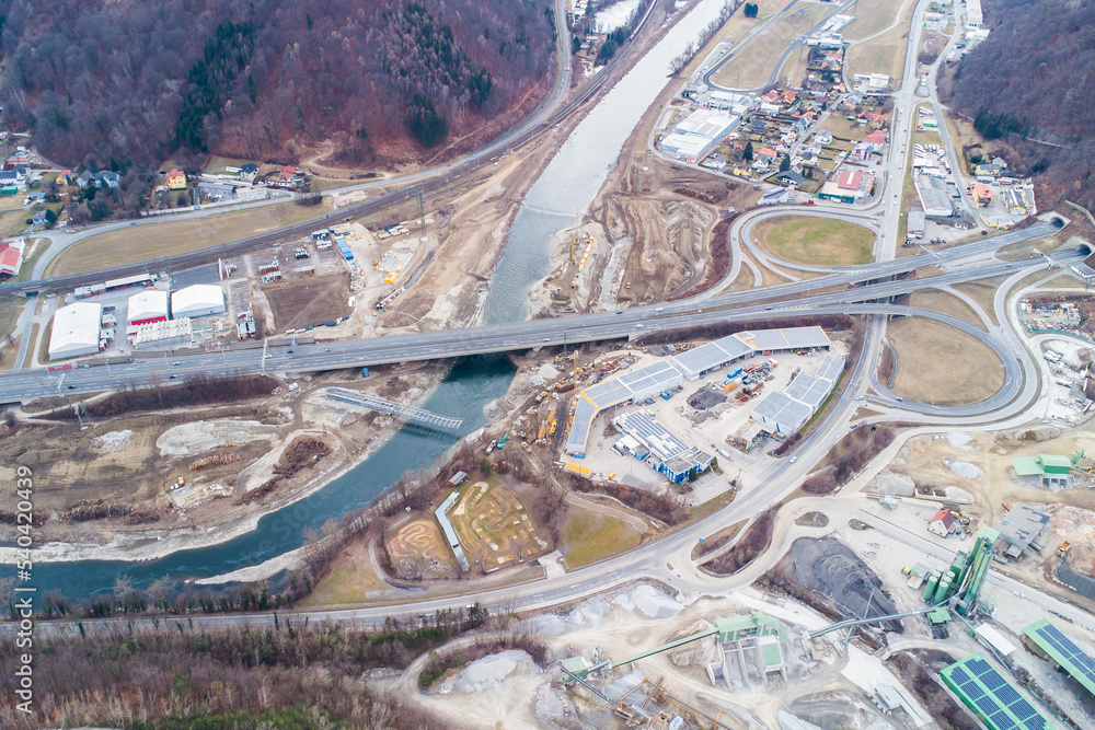 Aerial view of construction works for a new water power plant