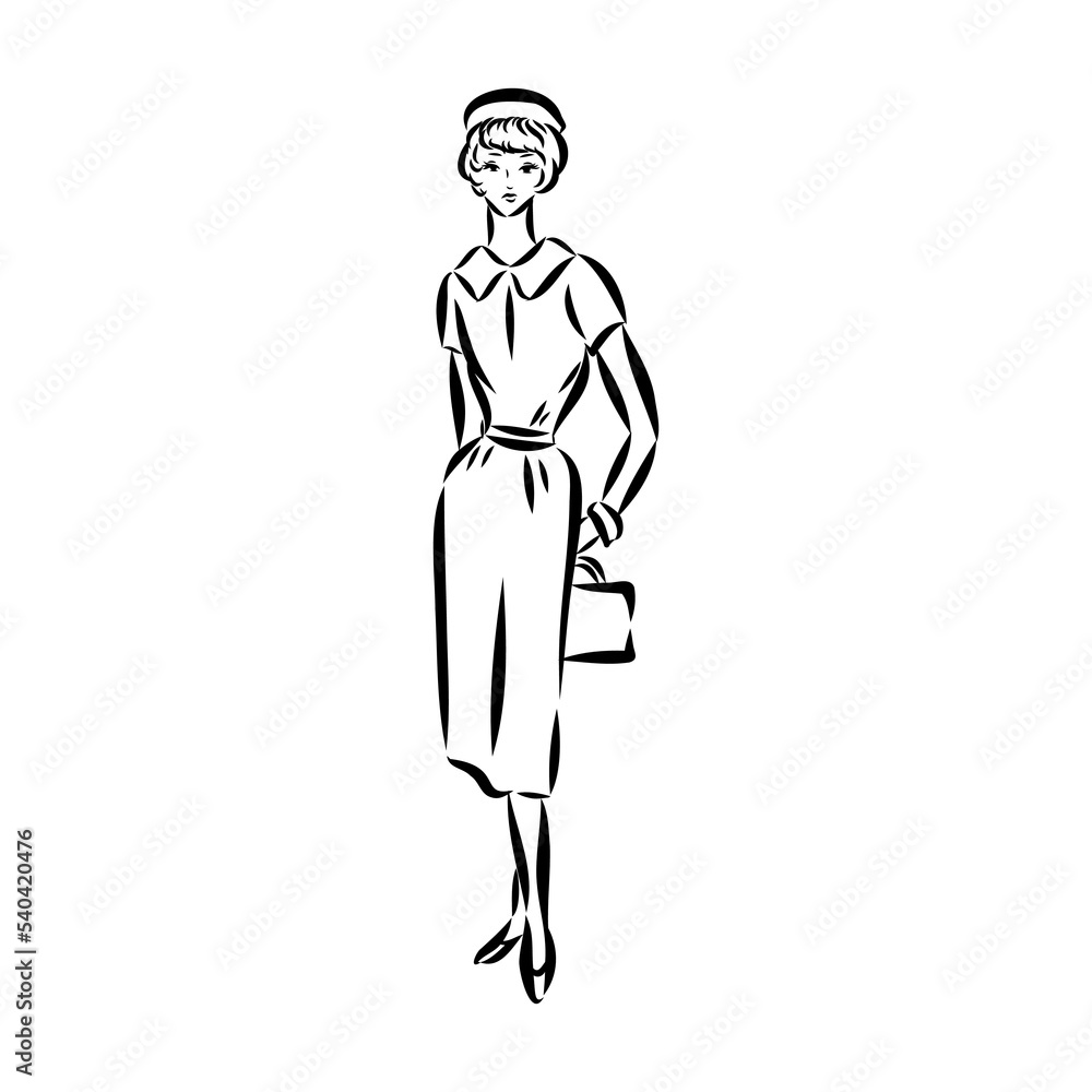 Black and white fashion woman, redhead model with boutique logo background. Hand drawn vector illustration Black and white fashion woman, redhead model with boutique logo background. Hand drawn vector illustration