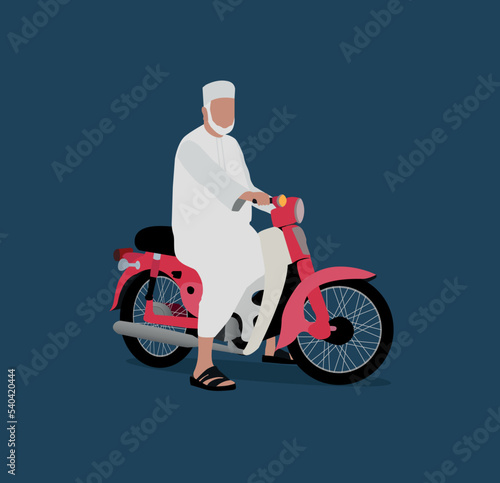 old Arabic man riding a motorcycle, the residents of Nizwa city and some nearby areas in Oman are famous for driving motorcycles while wearing the Omani uniform