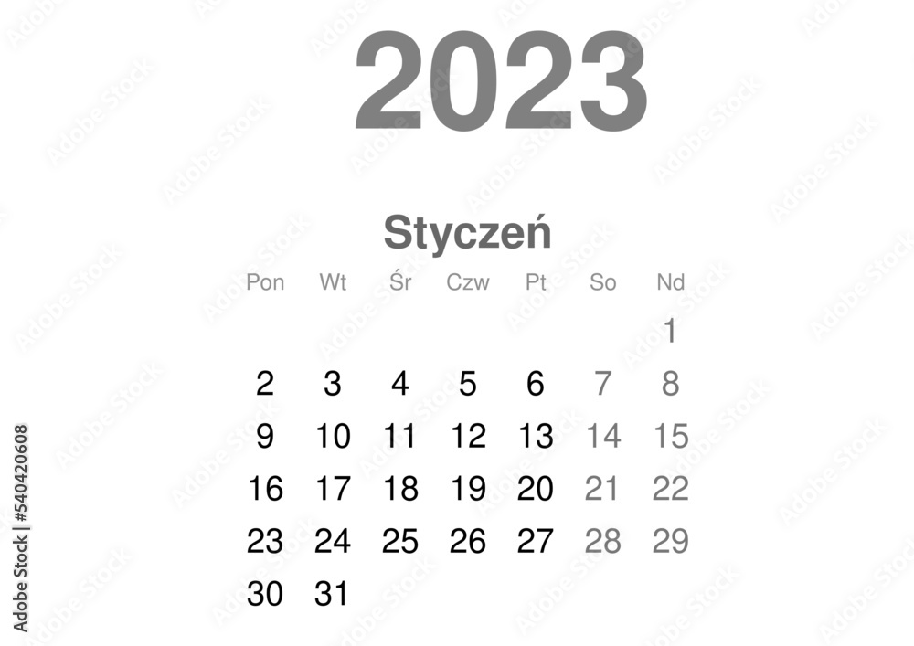kalendarz PL -2023 - 01 - obrazy, fototapety, plakaty 