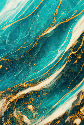 Abstract marble textured background. Fluid art modern wallpaper. Marbe gold and turquoise surface	 photo