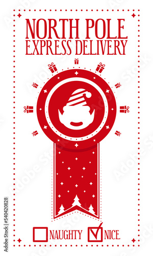 North Pole express delivery. Xmas design for gift bag from Santa Claus. Template for christmas handmade gifts. Vector illustration.
