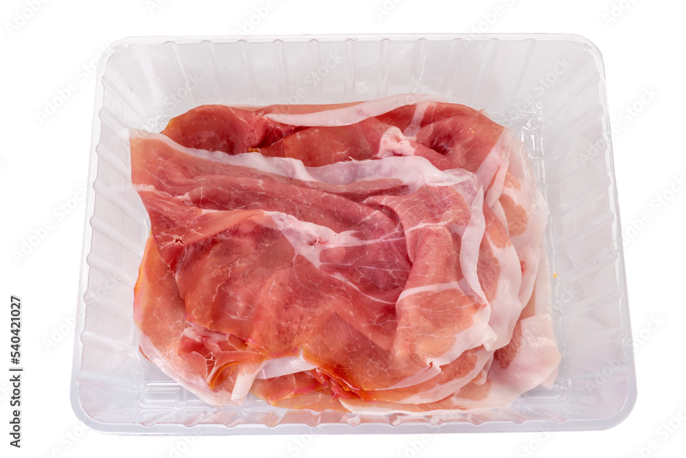 Parma ham slices in plastic food tray for sale isolated on white, clipping path Parma ham slices in plastic food tray for sale isolated on white, clipping path