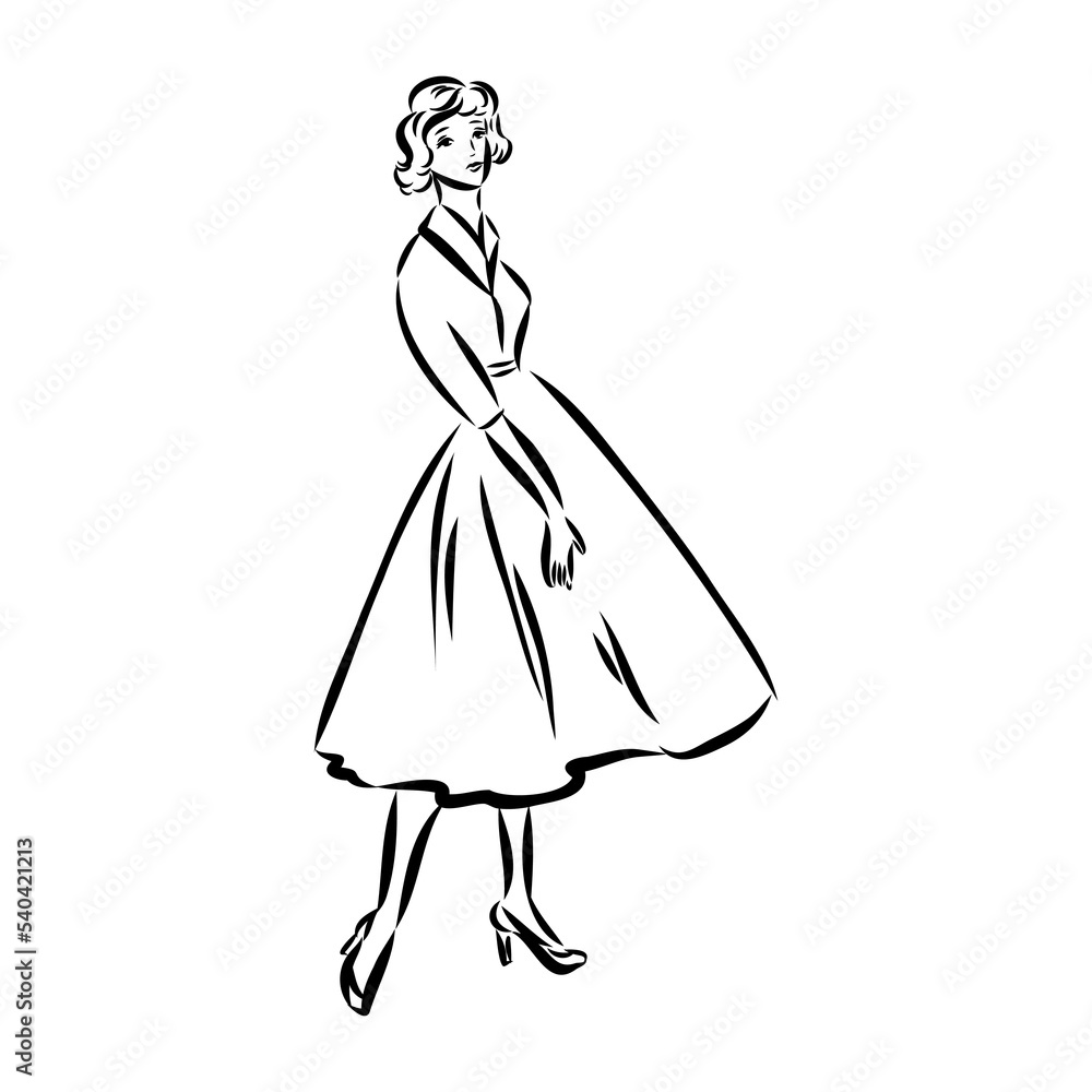 Black and white fashion woman, redhead model with boutique logo background. Hand drawn vector illustration Black and white fashion woman, redhead model with boutique logo background. Hand drawn vector illustration