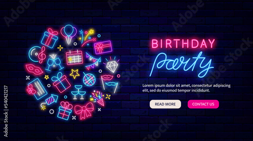 Birthday party neon promotion. Circle layout with icons. Website landing page template. Vector stock illustration