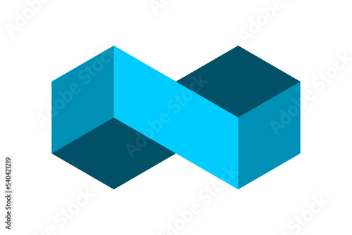 Blue Infinity symbol made of cubes. Geometric rectangular eternal sign. 3D isometric projection. Two cubes connected. Hexagon logo template. Unity connection concept. Vector illustration, clip art.  