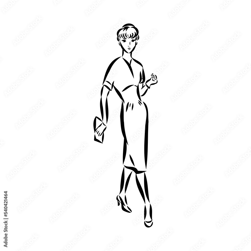 Black and white fashion woman, redhead model with boutique logo background. Hand drawn vector illustration Black and white fashion woman, redhead model with boutique logo background. Hand drawn vector illustration