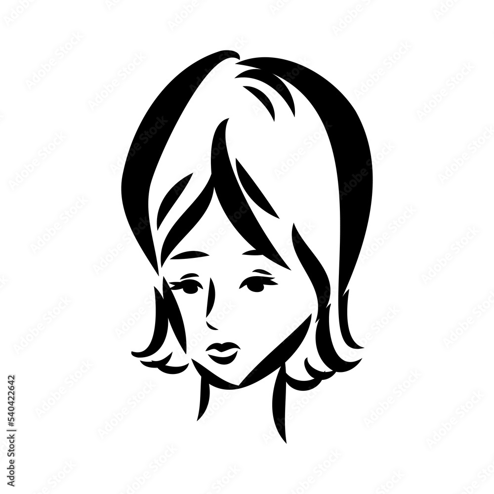 Womans face. Sketch. The head of the girl in full face. Vector illustration. Haircut for medium hair-cascade. Plump lips. Lady with heterochromia. One eye is blue, the other brown. Female portrait.