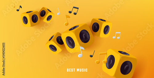 Yellow 3d boom box column, render style cubes with sound amplifyer and notes, monochrome