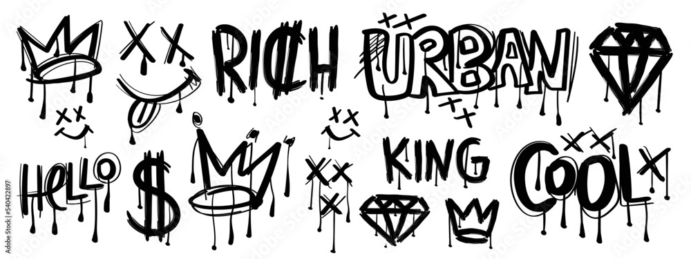 Fototapeta Set of black graffiti spray elements. Collection of spray patterns, texts, symbols, signs, crowns, emojis. Airbrush street urban style drawing graphics on white isolated background.