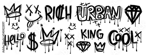 Set of black graffiti spray elements. Collection of spray patterns, texts, symbols, signs, crowns, emojis. Airbrush street urban style drawing graphics on white isolated background.  photo