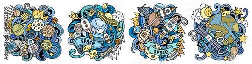 Space cartoon vector doodle designs set.