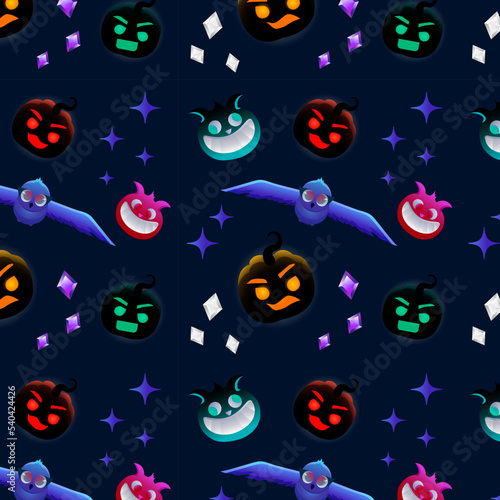 Halloween repeating colorful pattern with owl, pumpkins, spooky cats, gems on dark background. Vector illustration