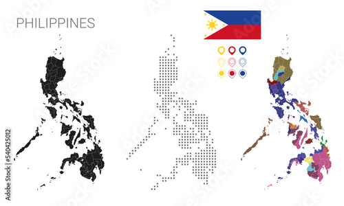 Map of Philippines dotted with silhouette e people region, with flag and pin in color, vector illustration scalable.