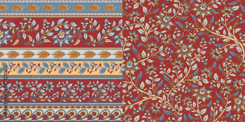 A set of 2 seamless patterns. Flower borders. Floral pattern. Indian style. Oriental ornament. Kalamkari. Vector graphics.