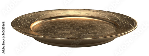 Isolated Side View of Copper Plate or Vintage Golden Dish, Old Crockery on White Background, Realistic Shot of 3D Illustration.
