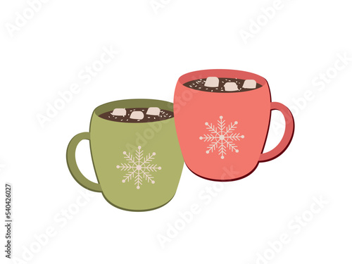 Hot chocolate with marshmallows. Two cups with an ornament in the form of a snowflake. Vector illustration