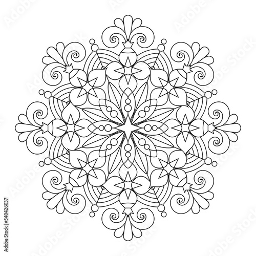 Abstract mandala  centerpiece or whimsical snowflake line art design or coloring page 