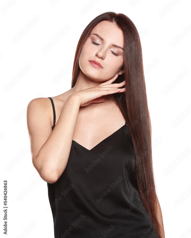 Portrait of beautiful young woman with healthy strong hair on white background Portrait of beautiful young woman with healthy strong hair on white background