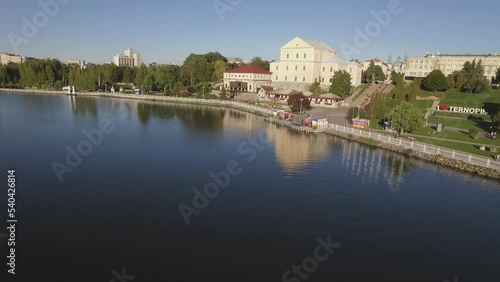 Aerial view of Ternopil waterfront Columns on the shore of the lake in sunny day