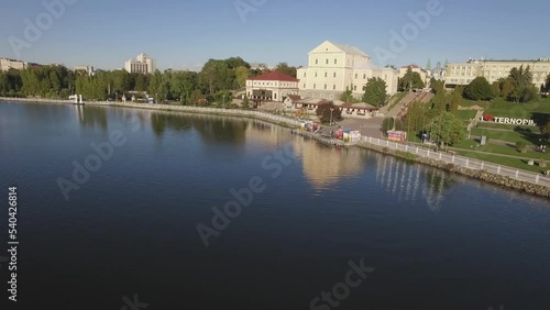 Aerial view of Ternopil waterfront Columns on the shore of the lake in sunny day photo