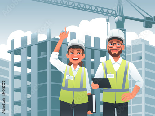 Discussion of work by a civil engineer with an architect at a construction site against the backdrop of a tower crane