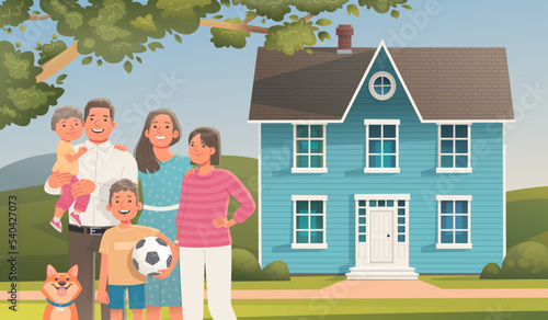 Family on the background of a two story house. Buying or renting a home. Moving to a new house. Father, mother, children and pet together outside
