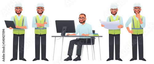 Set of character construction engineer in helmet and signal vest. Builder or foreman with a laptop, at  desktop
