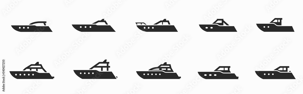 yacht and powerboat icon set. motor boats for travel and vacation. yacht and powerboat icon set. motor boats for travel and vacation.