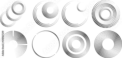 Design elements with circular halftone dots. Vector rotating dotted circles design . Half tones collection . Concentric circles for posters, social media, promotion,  flyer, covers .Dotted frames