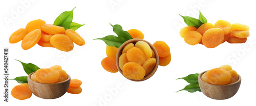 Fototapeta Naklejka Na Ścianę i Meble -  Set with tasty dried apricots on white background. Banner design