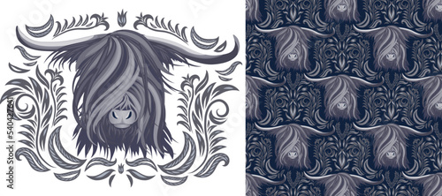 Графика и иллюстрацииThe head of a yak (bull) and a seamless pattern with ornaments and a yak. Symmetrical ornament, grey strict shade, male pattern.