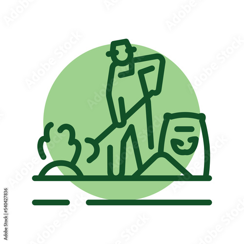 Worker fertilizes the plantscolor line icon. Garden service.