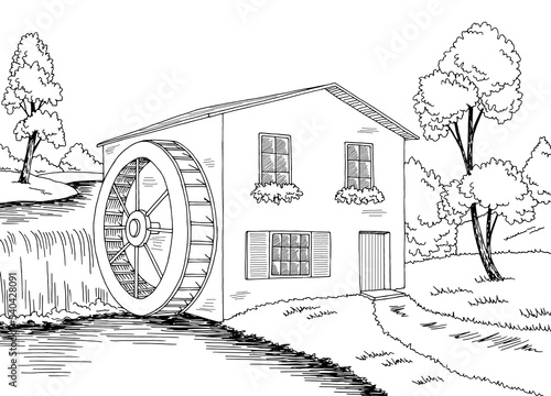 Water mill graphic black white landscape illustration vector 