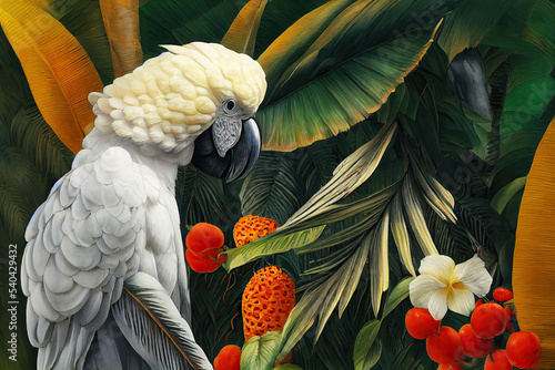 White cockatoo in exotic jungle full of tropical leaves and large flowers. Amazing tropical floral patten for print, web, greeting cards, wallpapers, wrappers.  3d illustration photo