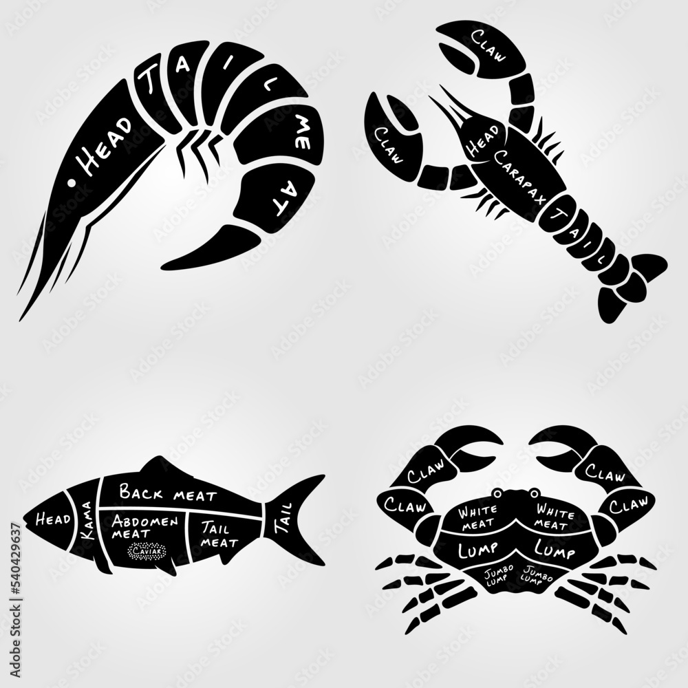 Cuts of Shrimp, Lobster, Fish and Crab. Butchery diagrams Stock Vector ...