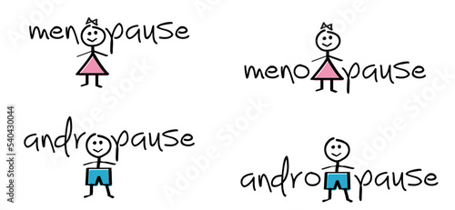 Word Menopause or andropause day. Concept hormone replacement therapy. Human alarm clock. Concept of menstrual period. Female estrogen and male testosterone level. Adrenaline hormone.