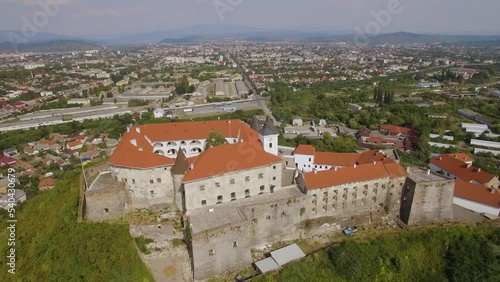 aerial view of palanok castle in Ukraine travel landmark, blue sky photo