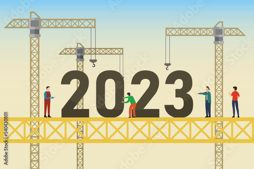 Construction worker with crane build  2023 New Year 2d vector illustration concept for banner, website, illustration, landing page, flyer, etc.