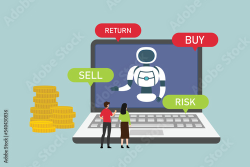 Robot trading on laptop computer 2d vector illustration concept for banner, website, illustration, landing page, flyer, etc.