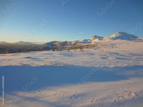 Beautiful view of a snow covered landscape in Tuddal Norway with animal tracks in front and Gaustatoppen in the background.
