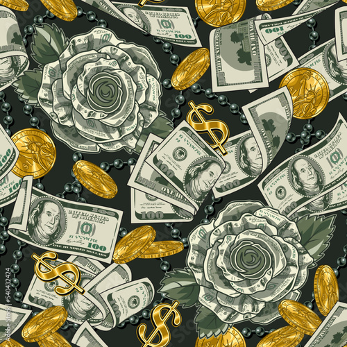 Pattern with money rose made of 100 US dollar notes, golden one dollar coins, dollar sign, string of green pearls. Creative vector illustration in vintage style.